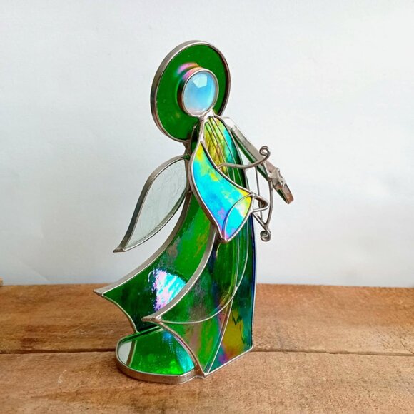 Vintage Stained Glass Green Angel + Harp Figurine, 3D Art, Christmas Nativity De - Picture 2 of 9